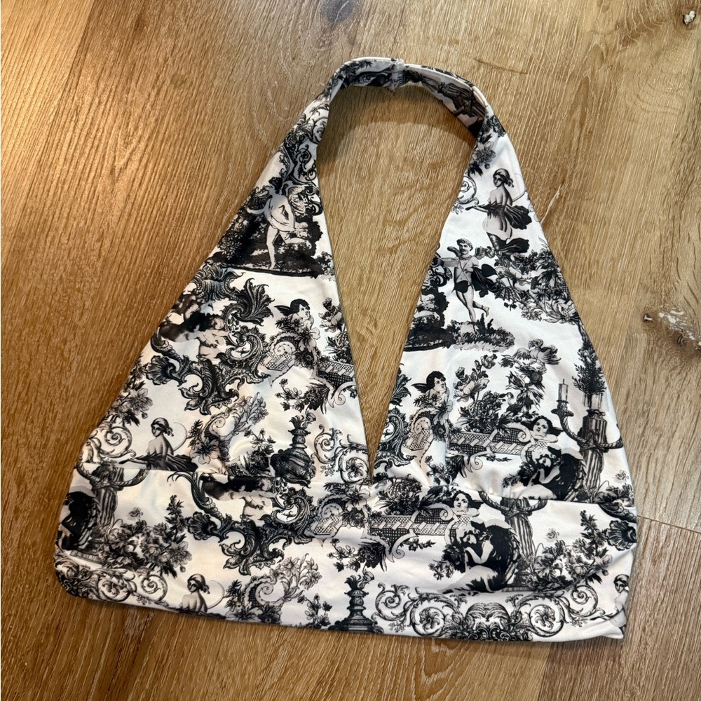 Black and White Halter Crop Top with Floral Angel Print Size Large